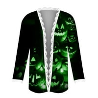 Yubatuo Ženska modna ležerna Halloween Print Crack Cardigan jakna dugih rukava za žene tamnozelene s