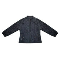 Žene Zip up puffer jakna Zimska čvrsta boja topli parkas V izrez dugih rukava kaputa sa džepovima crna