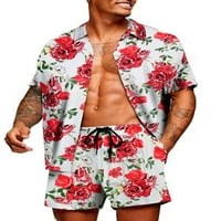 Mens Hawaii odijela za majicu, modni ispisani gumb niz majicu kratkih rukava + set kratkih plaža