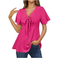 Ženski elegantni peplum vrhovi V izrez krave kratke zvone majice za rušenje vruće ružičaste xxl
