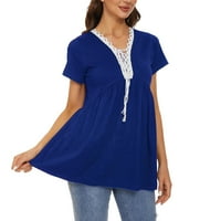 B91XZ datuma noćni vrhovi za žene Ljeto TOP LAOSE SOLID casual košulje Bluze s kratkim rukavima V izrez majica čipka bluza plus veličina tamno plava, l