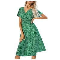 Ljetne haljine za žene cvjetne V-izrez A-line srednje dužine modne haljine kratkih rukava zelena s