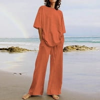 USMIXI ženski ležerni set Ljeto plus size pamučna posteljina odjeća pola rukava Crewneck pulover vuče