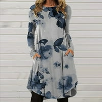 Haljine za žene, ženska modna casual tiskana okrugla vrata odloživa haljina dugih rukava, plava, xxl