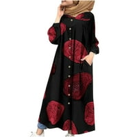 Jesenske haljine za žene Ženski trendy V-izrez Loose dugih rukava pamučna posteljina Print gležnja dugačak haljina crvena s DRS
