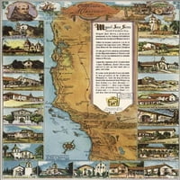 Poster; Karta misija Kalifornije 1949; Antički reprint