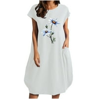 CETHRIO Ljetna casual haljina - ljetni pamučni i posteljinski cvjetni tiskani kratki rukav sa džepnim pogradom Labava haljina bijela