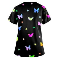 Ženski ljetni vrhovi modni leptir print V-izrez na platnu odjeću s kratkim rukavima s džepovima bluza