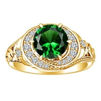 2. Okrugli oblik karata Simulirani smaragdni i prirodni dijamantski zaručni prsten 14K Čvrsto žuti zlatni