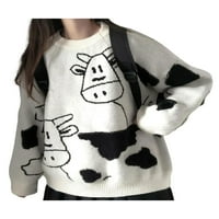 Žene izrez za posadu, ležerni dugi rukav Cartoon krava print pletene pulovere
