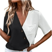 Žene ljetne vrhove prevelike majice kratki rukav gumb za spajanje u boji, Ležerne prilike sa labavim tuničkim vrhovima ženske majice Bluze crna s