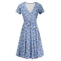 Ljetne haljine za žene s kratkim rukavima odštampana seksi kratka haljina s V-izrezom Plava L