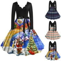Božićna ženska haljina klasična haljina za čaj s dugim rukavima V vrat haljina s kaišom Swing Party