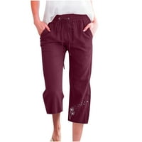 Ženske pamučne posteljine obrezane hlače Ležerne ljetne čvrste vučne vučne elastične struke kaprisu hlače široke noge pantalone sa džepom