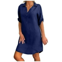 Suknje haljine za žene plus veličine Čvrsto pamučno posteljina okreću se ovratnik haljina od labave košulje