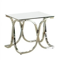 Moderan krajnji sto sa staklenim gornjim i zakrivljenim hromiranim nogama, srebrnim i bistrim