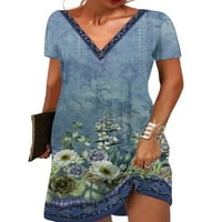 Ženski ljetni casual cvjetni ispis V-izrez kratki rukav dress dužine koljena