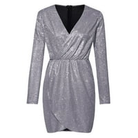 Safuny ženska duljina koljena Dress Clearence Solid Shiny V izrez Elegantni slobodno vrijeme Comfy modni