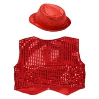Renvena Kids Boys Girls Glittery Squined prsluk prsluk sa šeširom za jazz hip hop plesna odjeća 3- crvena