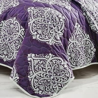 Trodijelni ljubičasti bijeli-srebrni Damask lachlan reverzibilni prekrivač - kraljica