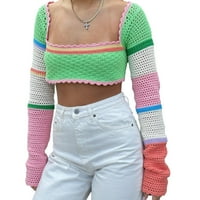 Y2K Ženski usev s dugim rukavima Top Crochet pletene boje blok pulover Jumper vrhovi labavi patchwork