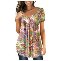 Hanas vrhovi ženske trendi ljetne majice, cvijeće i retro tiskani okrugli vrat tunika, gumbi s kratkim