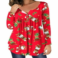 Paille Dame Pasflake Print Odem majica Merry Božić Xmas majica V izrez za odmor Tee Pulover Red XL