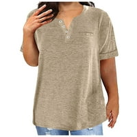 Skpblutn plus veličine za žene vrhovi V rect gumb modni čvrsti boju džep kratkih rukava labava majica