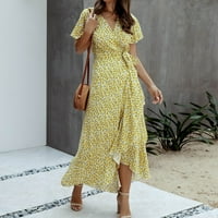 Gaecuw Womens Maxi haljine V izrez kratki rukav Calf Duljina Swing Plaže Haljine Trendne haljine Pamučne