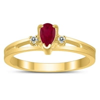 Ženski 5x rubin i dijamantski kruški u obliku kruške otvoreni tri kameni prsten u 10k žutom zlatu