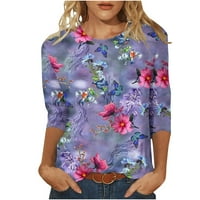 Pyju rukavi za žene za žene, cvjetni print casual majica Labavi duljina bluza okrugla vrat Dressy Blues