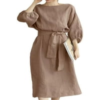 Voguele Women Pulover čipke Up A-line haljine Solid Color Midi haljina Proljetna strana Slit Khaki XL