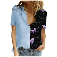 Ženski gumb s kratkim rukavima dolje majice Boja blok leptir, ležerne labave fit bluze modni ljetni