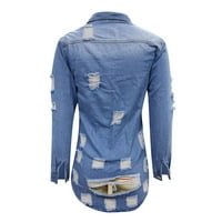 Huaai Jakne za žene Žene Ležerne modne jakne od traper dugačka traper jakna s rupama prikazuje tanke