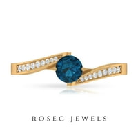 CT Okrugli oblik London Blue Topaz Solitaire i dijamantski obilazni prsten, 14k žuto zlato, US 9.00
