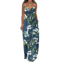 Ženske ljetne haljine Boho cvjetna printska plaža Duga haljina Zipper V izrez-bez rukava Metalni prsten
