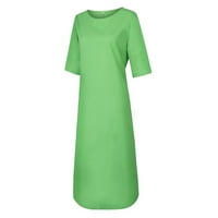 Modne žene Čvrsti pamučni i posteljina dugih rukava O-izrez preklopna haljina zelena xxxxl