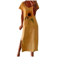 Modne žene Labavi suncokret Print kratkih rukava Bočna podijeljena O-izrez casual haljina