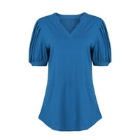 Ženski pleteni pušački rukav ljetni V izrez T majica Labavi bluzes Dressey Casua Blue