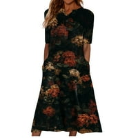 Žene Ljeto kratki rukav V-izrez Sredine Ležerne haljine od tiskane maxi žene oblače crni xl