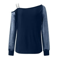 Lroplie Workout Tops za žene okrugli dekolte s dugim rukavima Ženska majica D Andelion Print Mesh Hladna ramena bluza Bluse Blue XL