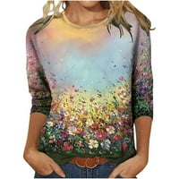 Žene padajuće majice s dugim rukavima Casual Crewneck pulover vrhove udobne col tunika cvjetna grafička