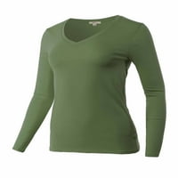 A2Y ženski juniorski tanak fit osnovni čvrsti pamučni dugi rukav V-izrez vrhunska majica Zelena l