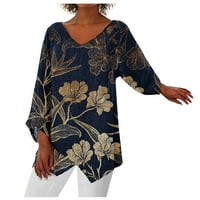 Ženske vrhove ležerne bluze s V-izrezom cvjetne žene ljetne majice s dugim rukavima tamno plava 3xl