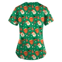 LeylayRay Wemens vrhovi ženski božićni tisak kratkih rukava V-izrez V-izrez Radni džep bluza zelena