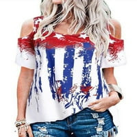 Ženska američka zastava okrugli vrat hladnim ramenima bazične majice kratkih rukava
