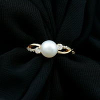 Prsten slatkovodni biserni prsten sa dijamantom za žene - crossover prsten, 14k žuto zlato, US 9.00
