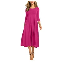 Ljetne haljine za žene casual solid boja O-izrez dugih rukava ljuljac srednje teleže vruće ružičaste