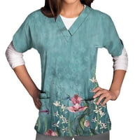 Ženske košulje Žene Modni ispis Kratki rukav V-izrez V-izrez Vrhovi radne uniforme Pocket Bluza Cyan