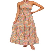Ženska haljina za vezanje haljina, cvjetni printer izdubljene rukavice bez rukava rub dugačak haljina